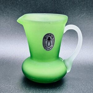 Pilgrim Glass Handblown Frosted Satin Lime Green Mini Pitcher Vintage Name Tag